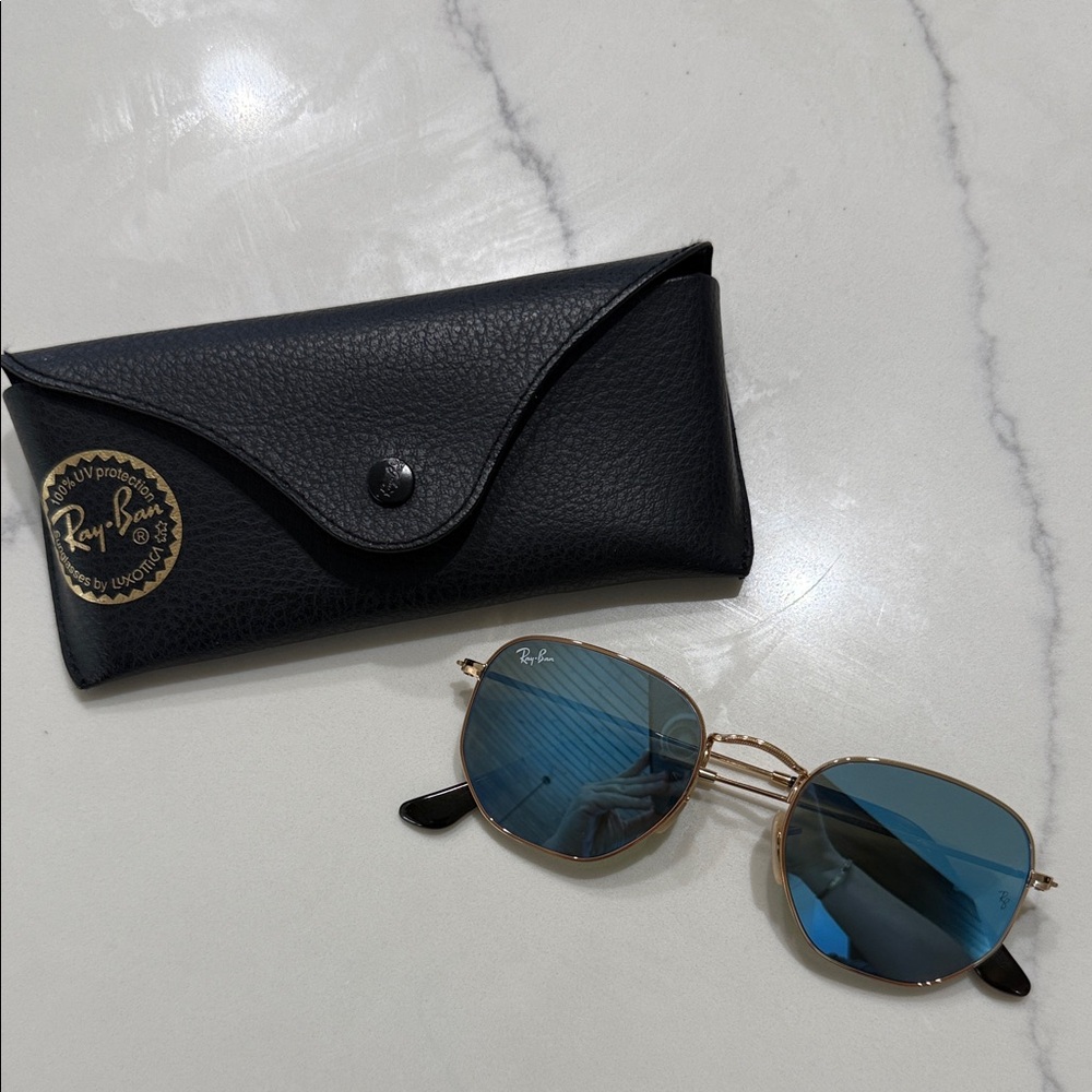 Ray-Ban Hexagonal Sunglasses with Blue Lenses and Gold Frame